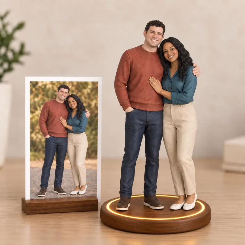 Realistic resin figurines customized from photos, personalized as family or couple portraits, or pet statuesâideal as wedding anniversary gifts, family memorials, or custom pet keepsakes.