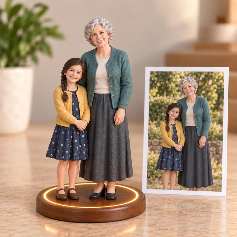 Realistic resin figurines customized from photos, personalized as family or couple portraits, or pet statuesâideal as wedding anniversary gifts, family memorials, or custom pet keepsakes.