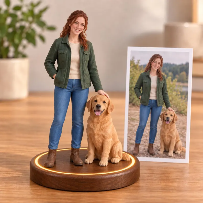 Realistic resin figurines customized from photos, personalized as family or couple portraits, or pet statuesâideal as wedding anniversary gifts, family memorials, or custom pet keepsakes.