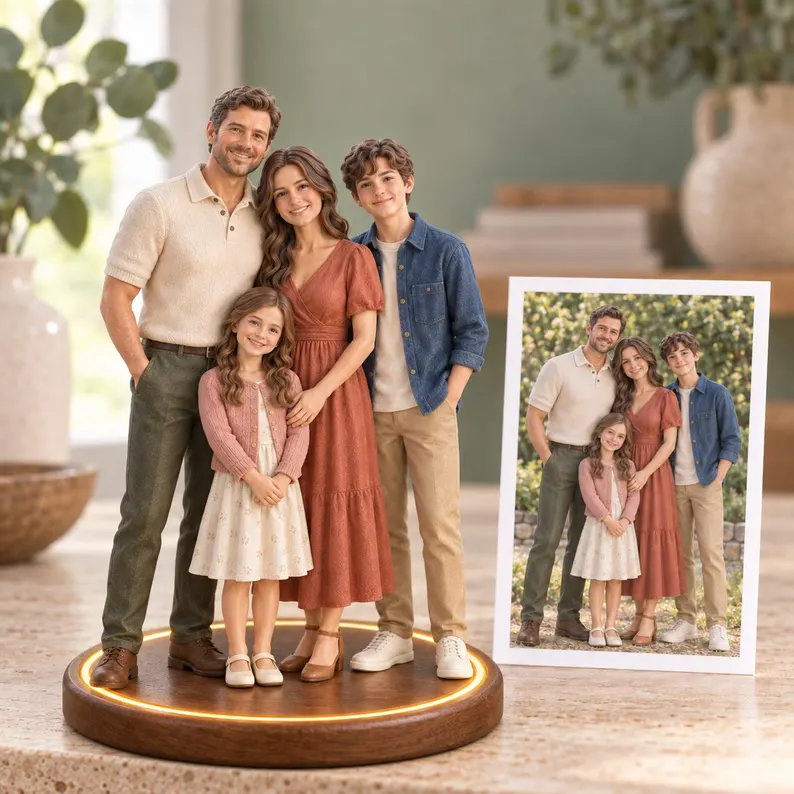 Realistic resin figurines customized from photos, personalized as family or couple portraits, or pet statues—ideal as wedding anniversary gifts, family memorials, or custom pet keepsakes.