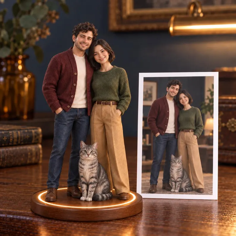 Realistic resin figurines customized from photos, personalized as family or couple portraits, or pet statues—ideal as wedding anniversary gifts, family memorials, or custom pet keepsakes.
