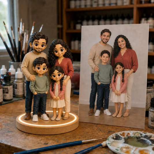 Custom 3D Family Figurine From Photo, Hand-Painted Personalized Statue, Wood Light Base