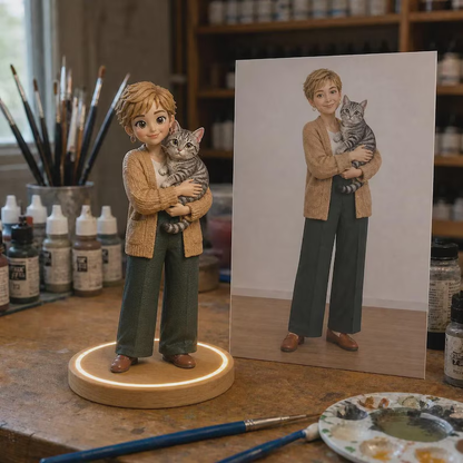Custom 3D Family Figurine From Photo, Hand-Painted Personalized Statue, Wood Light Base